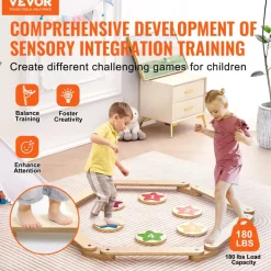 VEVOR Balance Beam Stepping Stones, 6 PCS Wooden Toddler Balance Boards, Montessori Toy for Kids 2-6, Build Coordination and Gross Motor Skills, Gymnastics Course Indoor & Outdoor for Girls Boys Gift