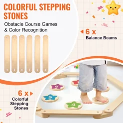 VEVOR Balance Beam Stepping Stones, 6 PCS Wooden Toddler Balance Boards, Montessori Toy for Kids 2-6, Build Coordination and Gross Motor Skills, Gymnastics Course Indoor & Outdoor for Girls Boys Gift