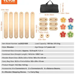 VEVOR Balance Beam Stepping Stones, 6 PCS Wooden Toddler Balance Boards, Montessori Toy for Kids 2-6, Build Coordination and Gross Motor Skills, Gymnastics Course Indoor & Outdoor for Girls Boys Gift
