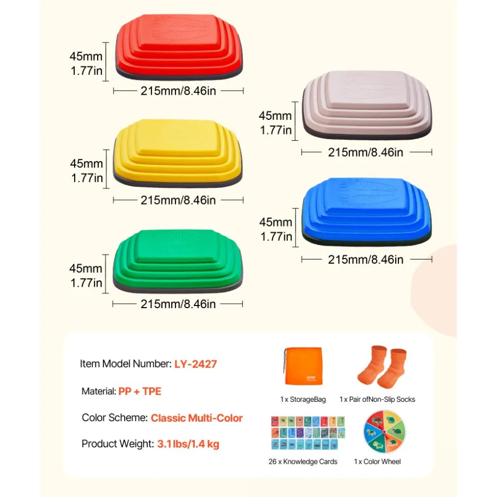 VEVOR Balance Stepping Stones for Kids, 10 PCS, Up to 220 lbs, Non-Slip Toddlers Sensory Stepping Stones, Obstacle Course Coordination Game Toys Indoor or Outdoor Play for Children Aged 3 4 5 6 7 8+