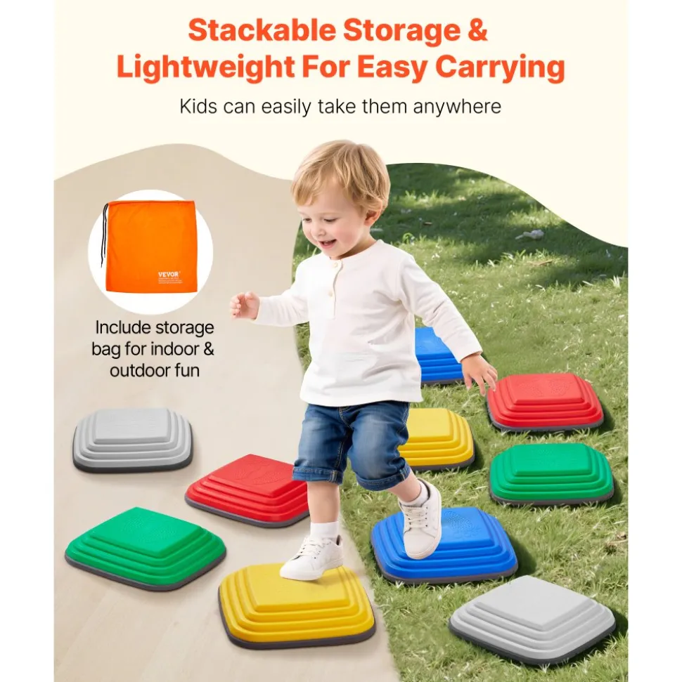VEVOR Balance Stepping Stones for Kids, 10 PCS, Up to 220 lbs, Non-Slip Toddlers Sensory Stepping Stones, Obstacle Course Coordination Game Toys Indoor or Outdoor Play for Children Aged 3 4 5 6 7 8+