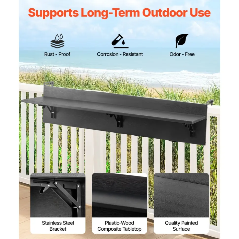 VEVOR Balcony Hanging Table, 12 x 48 in Folding Balcony Railing Table, Outdoor Balcony Bar Table for Railings, 50 lbs Loading, Fit Railing from 1" to 4.3", Serving Table for Patio & Deck