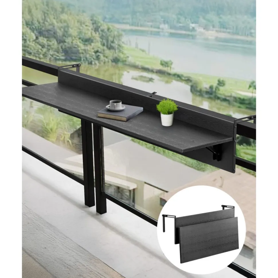 VEVOR Balcony Hanging Table, 12 x 48 in Folding Balcony Railing Table, Outdoor Balcony Bar Table for Railings, 50 lbs Loading, Fit Railing from 1" to 4.3", Serving Table for Patio & Deck