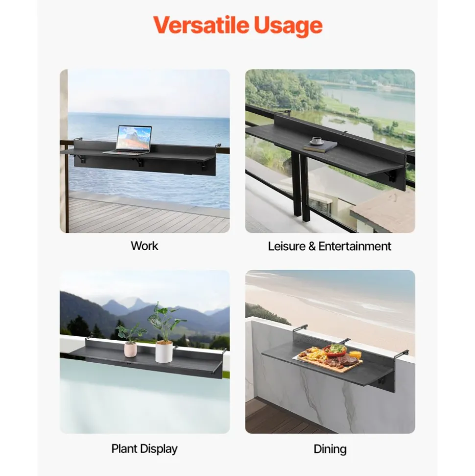 VEVOR Balcony Hanging Table, 12 x 48 in Folding Balcony Railing Table, Outdoor Balcony Bar Table for Railings, 50 lbs Loading, Fit Railing from 1" to 4.3", Serving Table for Patio & Deck