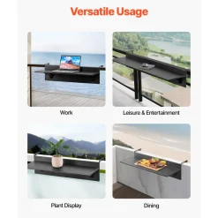 VEVOR Balcony Hanging Table, 12 x 32 in Folding Balcony Railing Table, Outdoor Balcony Bar Tables for Railings, 50 lbs Loading, Fit Railing from 1