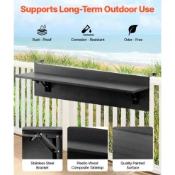 VEVOR Balcony Hanging Table, 12 x 32 in Folding Balcony Railing Table, Outdoor Balcony Bar Tables for Railings, 50 lbs Loading, Fit Railing from 1