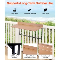 VEVOR Balcony Hanging Table, 15 x 39 in Folding Balcony Railing Table, Outdoor Balcony Bar Table for Railings, 5-Level Adjustable, Fit Railing from 1" to 5.3", Serving Table for Patio & Deck