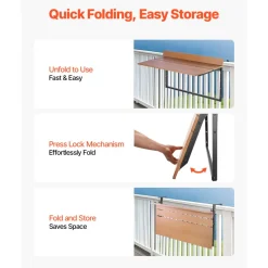 VEVOR Balcony Hanging Table, 25 x 24 in Folding Balcony Railing Table, Outdoor Balcony Bar Table for Railings, 4-Level Adjustable, Fit Railing from 1