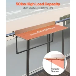 VEVOR Balcony Hanging Table, 25 x 24 in Folding Balcony Railing Table, Outdoor Balcony Bar Table for Railings, 4-Level Adjustable, Fit Railing from 1