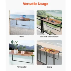 VEVOR Balcony Hanging Table, 25 x 24 in Folding Balcony Railing Table, Outdoor Balcony Bar Table for Railings, 4-Level Adjustable, Fit Railing from 1