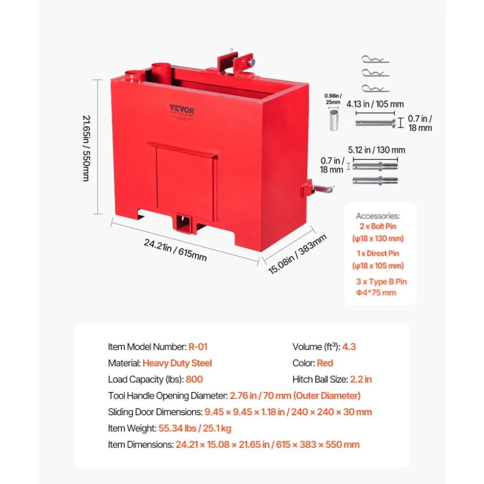 VEVOR Ballast Box, 3-Point Category 1 Tractor Ballast of 800lbs Capacity, for 2 Inch Hitch Receiver, Heavy-Duty Steel 4.3 ft³ Large Volume Loader Attachment with Sliding Door, Red