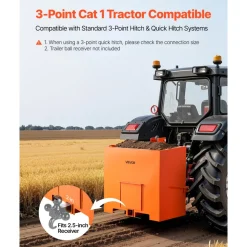 VEVOR Ballast Box, 3-Point Category 1 Tractor Ballast of 800 lbs Capacity, with Standard 2 Inch Hitch Receiver, Heavy-Duty Steel 5 ft³ Large Volume Durable Loader Attachment with Sliding Door, Orange