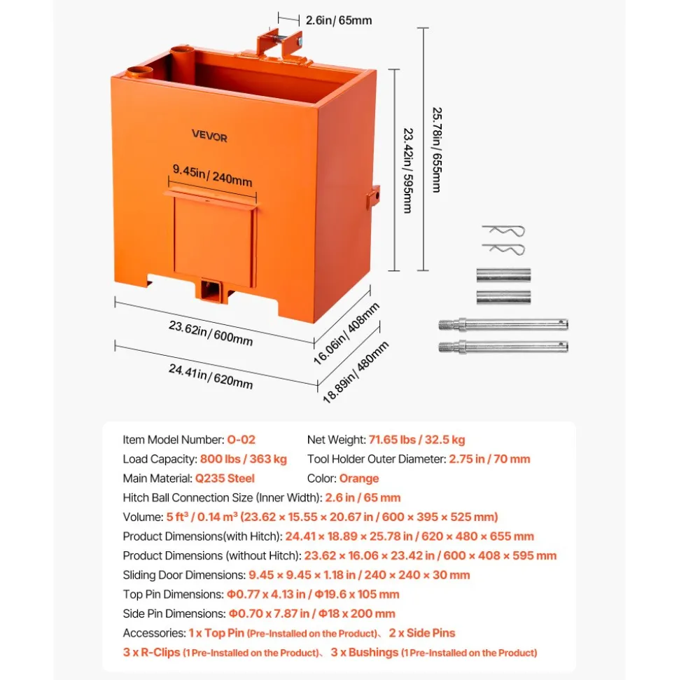 VEVOR Ballast Box, 3-Point Category 1 Tractor Ballast of 800 lbs Capacity, with Standard 2 Inch Hitch Receiver, Heavy-Duty Steel 5 ft³ Large Volume Durable Loader Attachment with Sliding Door, Orange