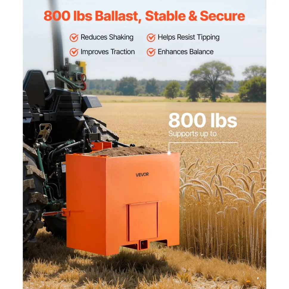 VEVOR Ballast Box, 3-Point Category 1 Tractor Ballast of 800 lbs Capacity, with Standard 2 Inch Hitch Receiver, Heavy-Duty Steel 5 ft³ Large Volume Durable Loader Attachment with Sliding Door, Orange