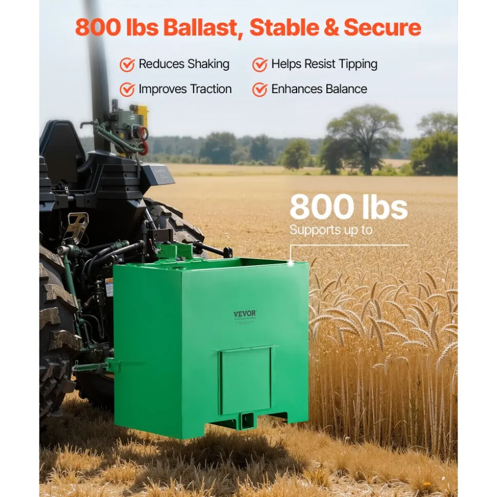 VEVOR Ballast Box, 3-Point Category 1 Tractor Ballast of 800 lbs Capacity, with Standard 2 Inch Hitch Receiver, Heavy-Duty Steel 5 ft³ Large Volume Durable Loader Attachment with Sliding Door, Green