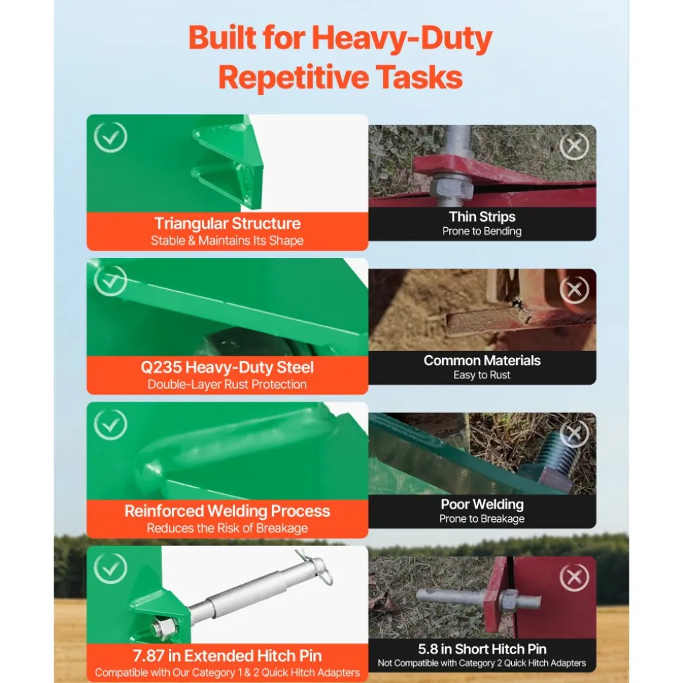 VEVOR Ballast Box, 3-Point Category 1 Tractor Ballast of 800 lbs Capacity, with Standard 2 Inch Hitch Receiver, Heavy-Duty Steel 5 ft³ Large Volume Durable Loader Attachment with Sliding Door, Green
