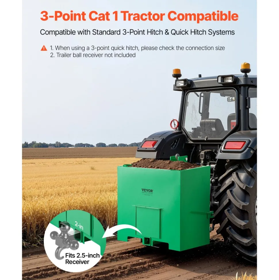 VEVOR Ballast Box, 3-Point Category 1 Tractor Ballast of 800 lbs Capacity, with Standard 2 Inch Hitch Receiver, Heavy-Duty Steel 5 ft³ Large Volume Durable Loader Attachment with Sliding Door, Green