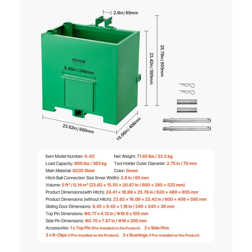 VEVOR Ballast Box, 3-Point Category 1 Tractor Ballast of 800 lbs Capacity, with Standard 2 Inch Hitch Receiver, Heavy-Duty Steel 5 ft³ Large Volume Durable Loader Attachment with Sliding Door, Green