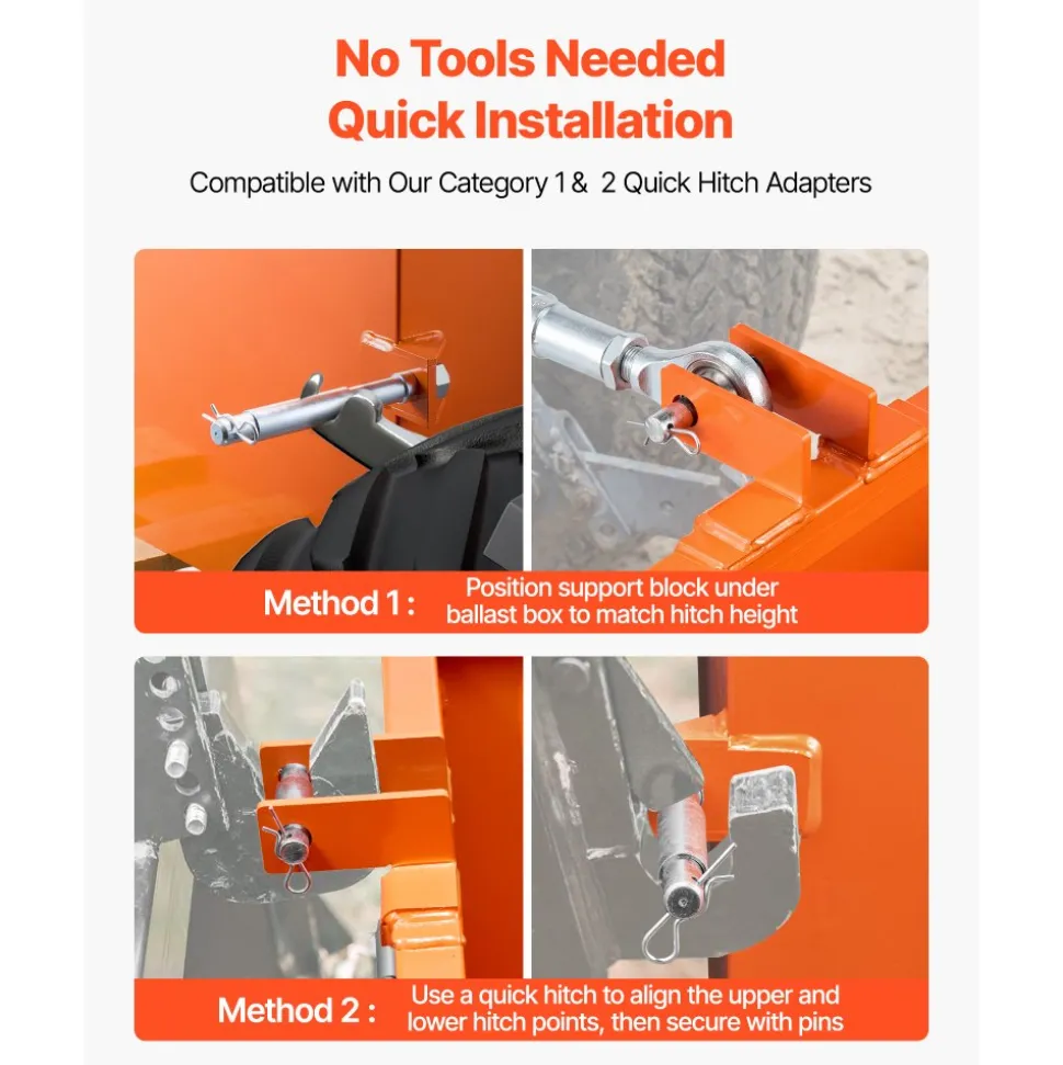 VEVOR Ballast Box, 3-Point Category 1 Tractor Ballast of 800 lbs Capacity, Standard 2 Inch Hitch Receiver, Heavy-Duty Steel 3.2 ft³ Large Volume Durable Loader Attachment with Sliding Door, Orange