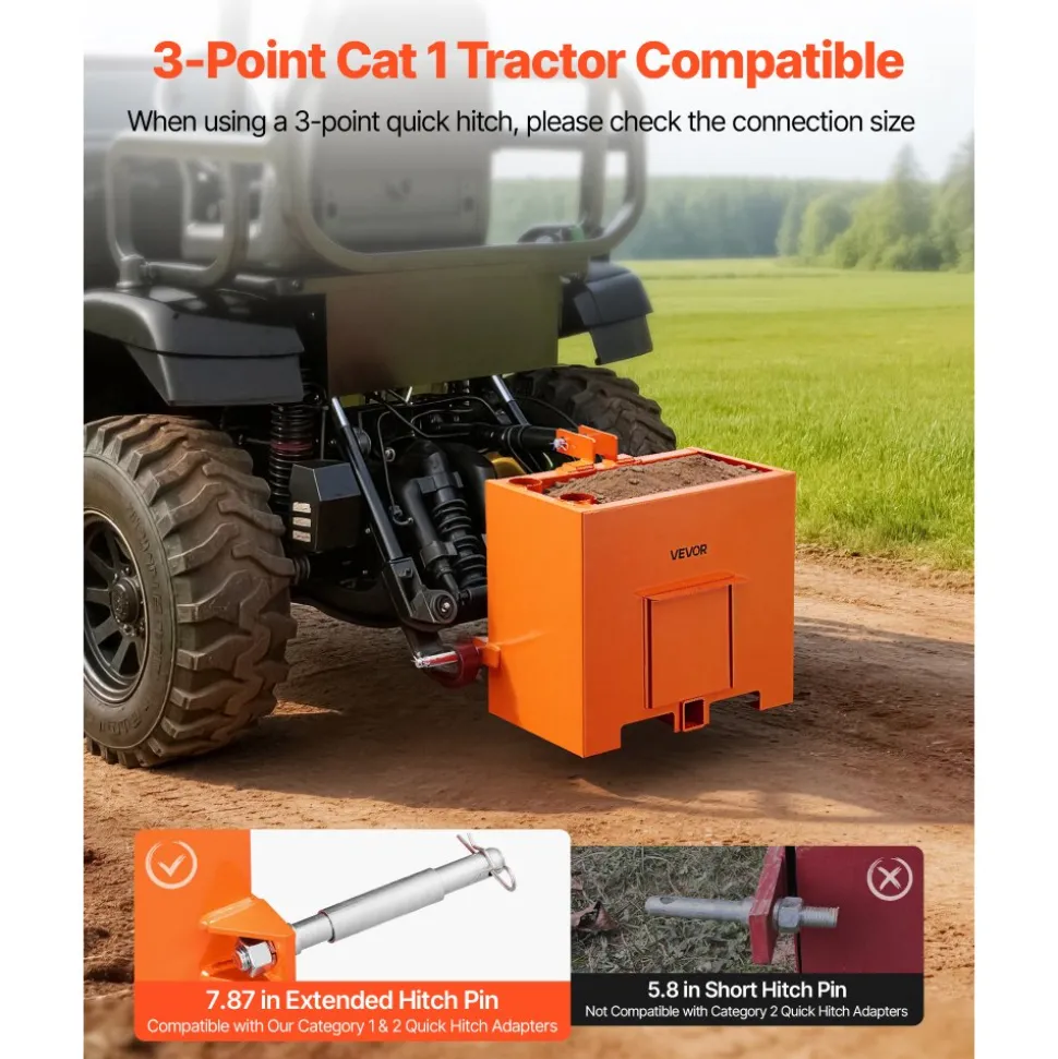 VEVOR Ballast Box, 3-Point Category 1 Tractor Ballast of 800 lbs Capacity, Standard 2 Inch Hitch Receiver, Heavy-Duty Steel 3.2 ft³ Large Volume Durable Loader Attachment with Sliding Door, Orange