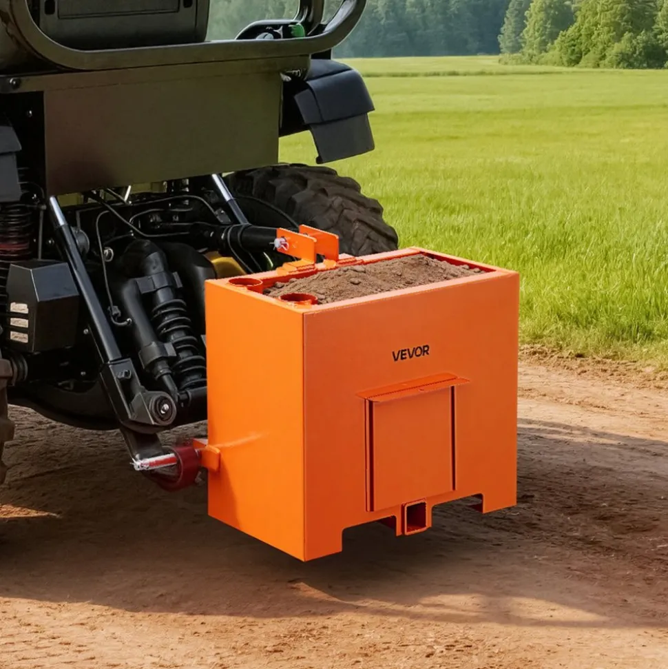 VEVOR Ballast Box, 3-Point Category 1 Tractor Ballast of 800 lbs Capacity, Standard 2 Inch Hitch Receiver, Heavy-Duty Steel 3.2 ft³ Large Volume Durable Loader Attachment with Sliding Door, Orange