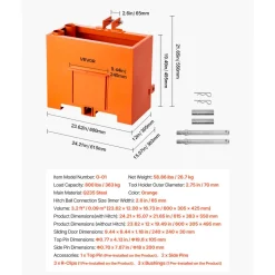 VEVOR Ballast Box, 3-Point Category 1 Tractor Ballast of 800 lbs Capacity, Standard 2 Inch Hitch Receiver, Heavy-Duty Steel 3.2 ft³ Large Volume Durable Loader Attachment with Sliding Door, Orange