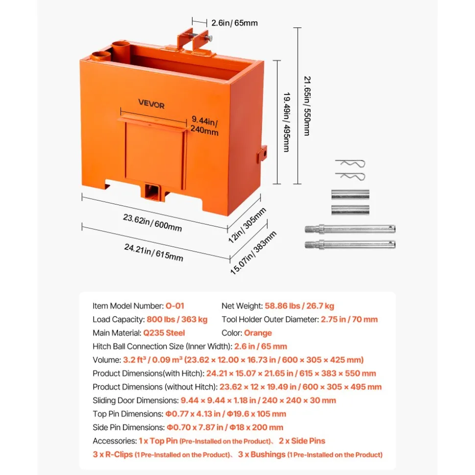 VEVOR Ballast Box, 3-Point Category 1 Tractor Ballast of 800 lbs Capacity, Standard 2 Inch Hitch Receiver, Heavy-Duty Steel 3.2 ft³ Large Volume Durable Loader Attachment with Sliding Door, Orange
