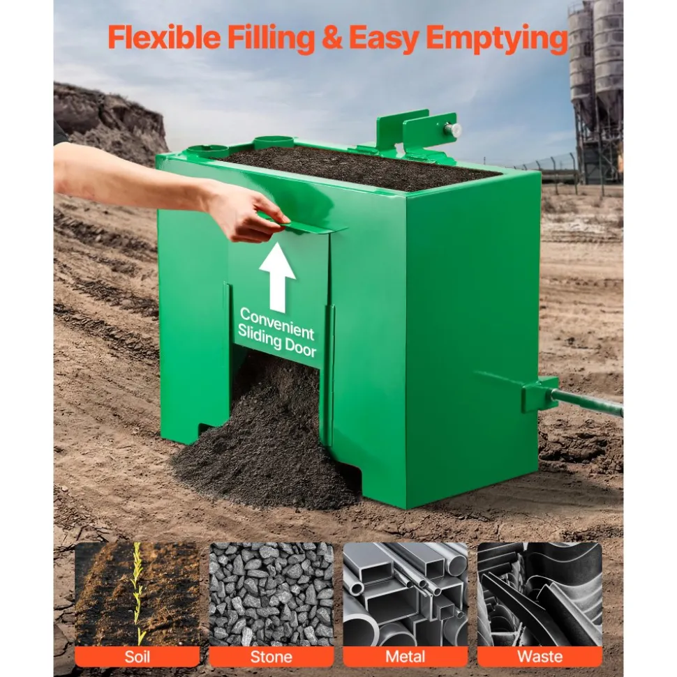 VEVOR Ballast Box, 3-Point Category 1 Tractor Ballast of 800 lbs Capacity, with Standard 2 Inch Hitch Receiver, Heavy-Duty Steel 3.2 ft³ Large Volume Durable Loader Attachment with Sliding Door, Green