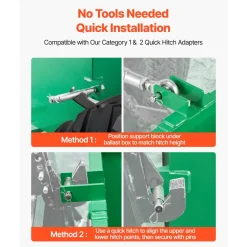 VEVOR Ballast Box, 3-Point Category 1 Tractor Ballast of 800 lbs Capacity, with Standard 2 Inch Hitch Receiver, Heavy-Duty Steel 3.2 ft³ Large Volume Durable Loader Attachment with Sliding Door, Green
