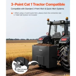 VEVOR Ballast Box, 3-Point Category 1 Tractor Ballast of 800 lbs Capacity, with Standard 2 Inch Hitch Receiver, Heavy-Duty Steel 5 ft³ Large Volume Durable Loader Attachment with Sliding Door, Black