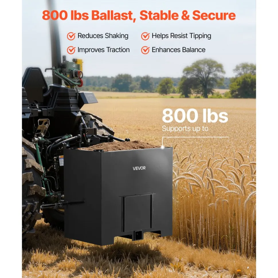 VEVOR Ballast Box, 3-Point Category 1 Tractor Ballast of 800 lbs Capacity, with Standard 2 Inch Hitch Receiver, Heavy-Duty Steel 5 ft³ Large Volume Durable Loader Attachment with Sliding Door, Black