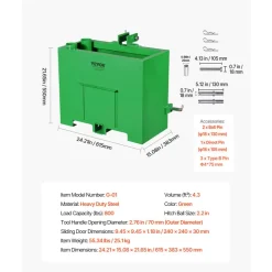 VEVOR Ballast Box, 3-Point Category 1 Tractor Ballast of 800lbs Capacity, for 2 Inch Hitch Receiver, Heavy-Duty Steel 4.3 ft³ Large Volume Loader Attachment with Sliding Door, Green