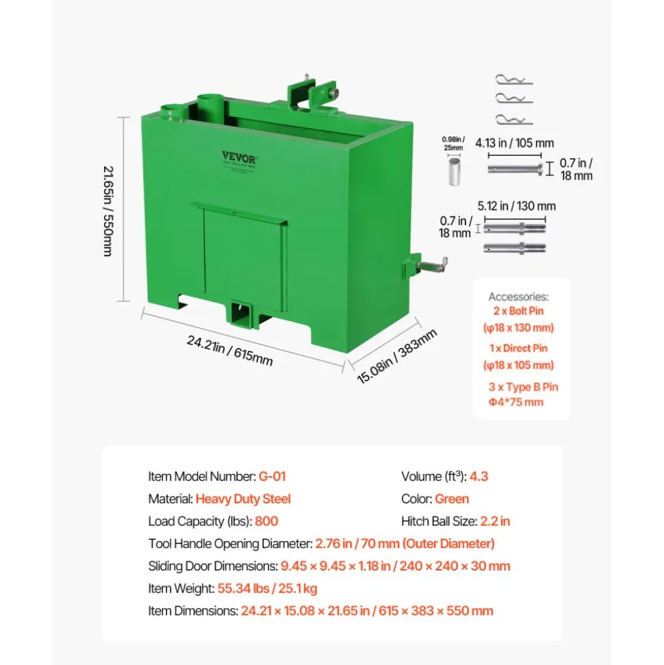 VEVOR Ballast Box, 3-Point Category 1 Tractor Ballast of 800lbs Capacity, for 2 Inch Hitch Receiver, Heavy-Duty Steel 4.3 ft³ Large Volume Loader Attachment with Sliding Door, Green