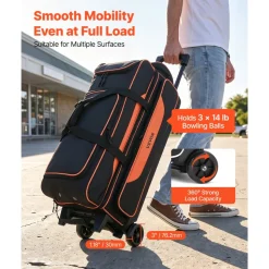 VEVOR 3 Ball Bowling Bag Double Roller Bag with Separate Shoe Compartment, for Bowling Shoes (Up To US Men Size 16), Rolling Ball Bag w/ Wheel, Accessory Pocket, Retractable Handle Extends to 40 in