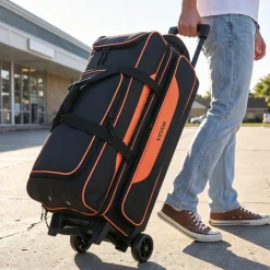 VEVOR 3 Ball Bowling Bag Double Roller Bag with Separate Shoe Compartment, for Bowling Shoes (Up To US Men Size 16), Rolling Ball Bag w/ Wheel, Accessory Pocket, Retractable Handle Extends to 40 in