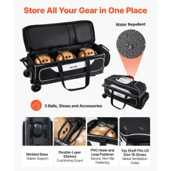 VEVOR 3 Ball Bowling Bag Double Roller Bag with Separate Shoe Compartment, for Bowling Shoes (Up To US Men Size 16), Rolling Ball Bag w/ Wheel, Accessory Pocket, Retractable Handle Extends to 40 in