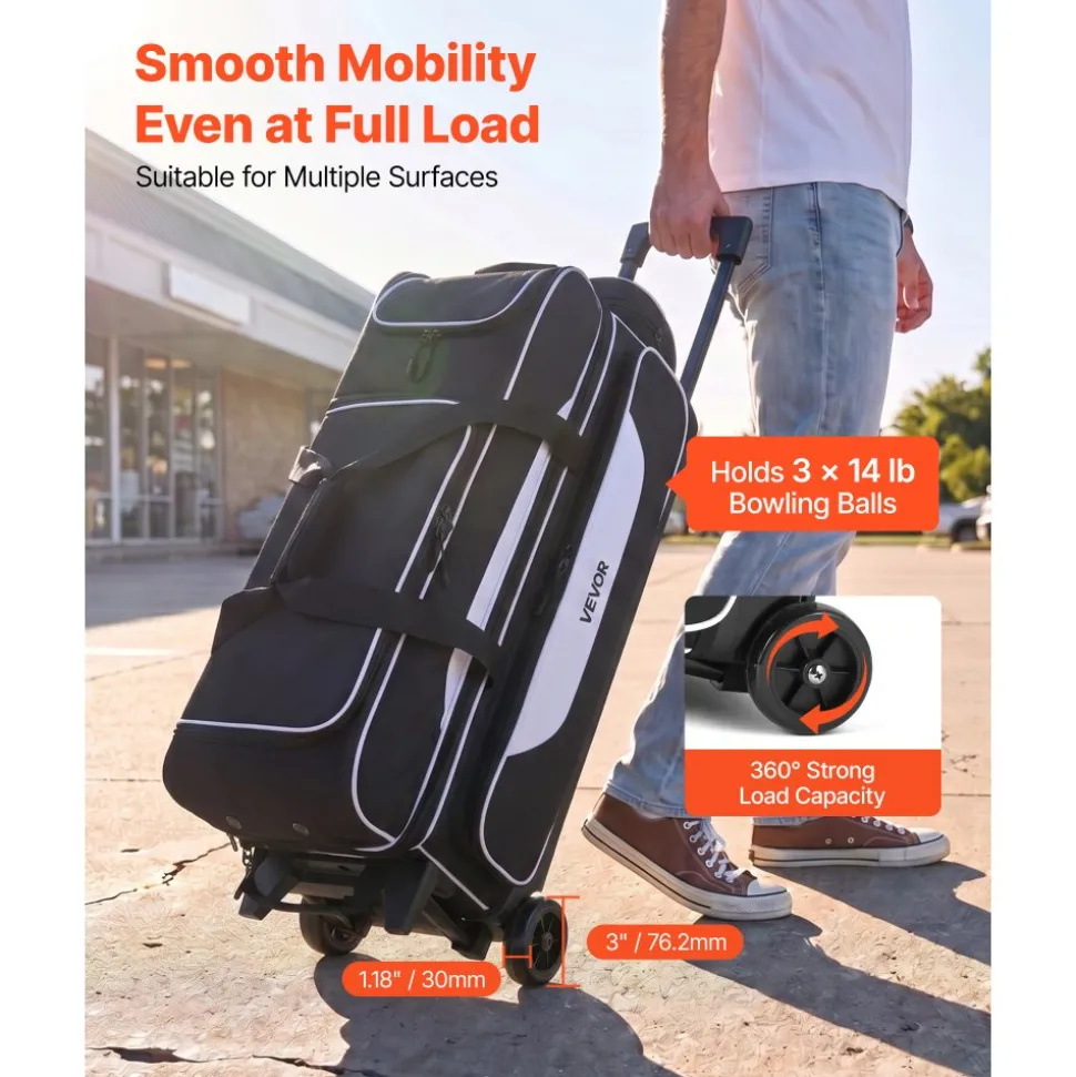 VEVOR 3 Ball Bowling Bag Double Roller Bag with Separate Shoe Compartment, for Bowling Shoes (Up To US Men Size 16), Rolling Ball Bag w/ Wheel, Accessory Pocket, Retractable Handle Extends to 40 in