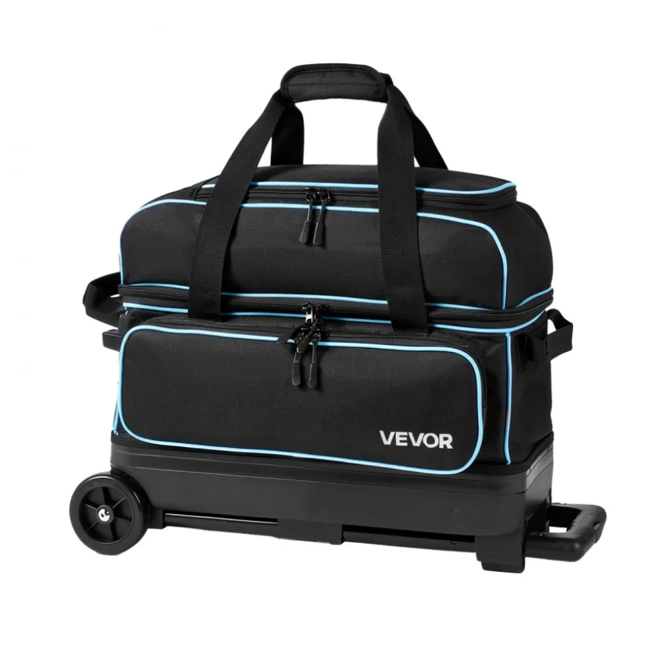 VEVOR 3 Ball Bowling Bag Double Roller Bag with Separate Shoe Compartment, for Bowling Shoes (Up To US Men Size 16), Rolling Ball Bag w/ Wheel, Accessory Pocket, Retractable Handle Extends to 40 in