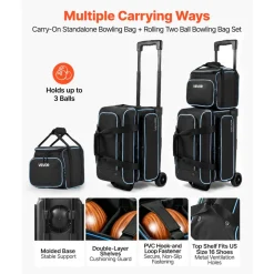 VEVOR 3 Ball Bowling Bag Double Roller Bag with Separate Shoe Compartment, for Bowling Shoes (Up To US Men Size 16), Rolling Ball Bag w/ Wheel, Accessory Pocket, Retractable Handle Extends to 40 in