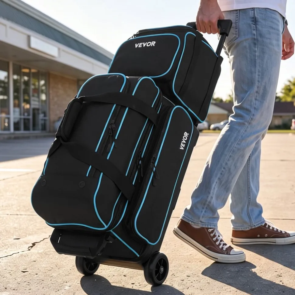 VEVOR 3 Ball Bowling Bag Double Roller Bag with Separate Shoe Compartment, for Bowling Shoes (Up To US Men Size 16), Rolling Ball Bag w/ Wheel, Accessory Pocket, Retractable Handle Extends to 40 in