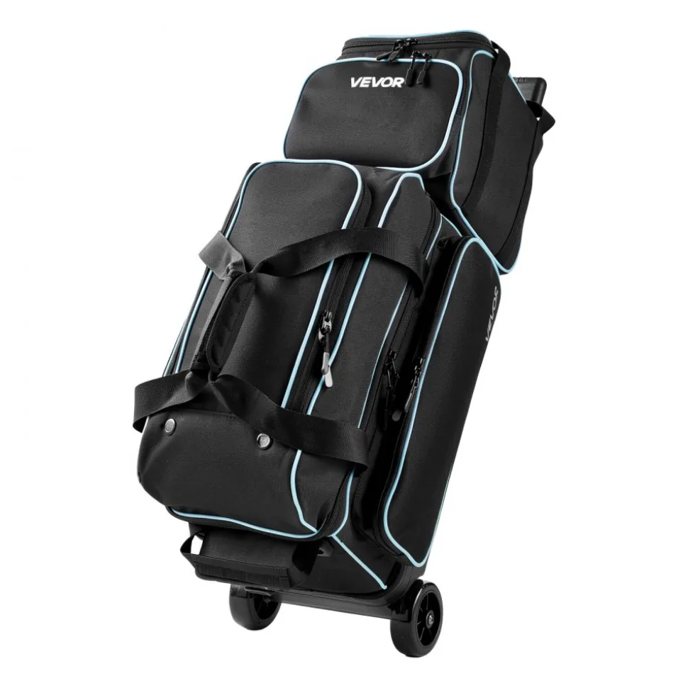 VEVOR 3 Ball Bowling Bag Double Roller Bag with Separate Shoe Compartment, for Bowling Shoes (Up To US Men Size 16), Rolling Ball Bag w/ Wheel, Accessory Pocket, Retractable Handle Extends to 40 in