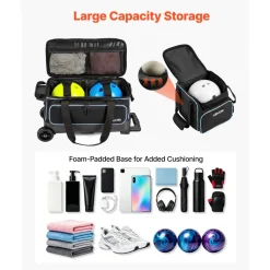 VEVOR 3 Ball Bowling Bag Double Roller Bag with Separate Shoe Compartment, for Bowling Shoes (Up To US Men Size 16), Rolling Ball Bag w/ Wheel, Accessory Pocket, Retractable Handle Extends to 40 in