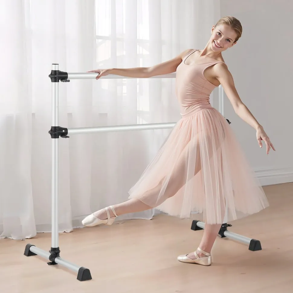 VEVOR Ballet Barre, 4 Ft Aluminum Double Barre Bar for Home, Freestanding Portable Ballet Stretching Dance Bars, Height Adjustable Anti-Wobble Fitness Studio Equipment, for Pilates Balance Workout