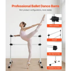 VEVOR Ballet Barre, 4 Ft Aluminum Double Barre Bar for Home, Freestanding Portable Ballet Stretching Dance Bars, Height Adjustable Anti-Wobble Fitness Studio Equipment, for Pilates Balance Workout