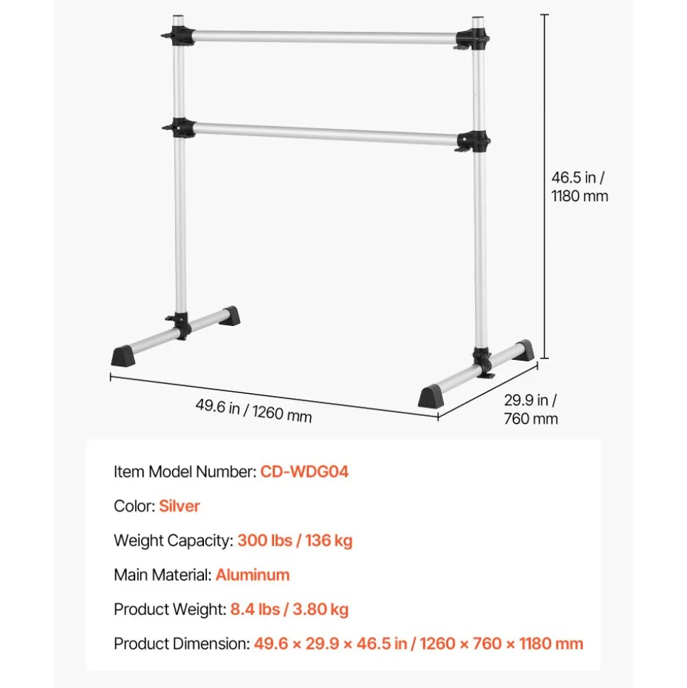 VEVOR Ballet Barre, 4 Ft Aluminum Double Barre Bar for Home, Freestanding Portable Ballet Stretching Dance Bars, Height Adjustable Anti-Wobble Fitness Studio Equipment, for Pilates Balance Workout