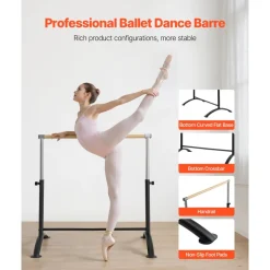 VEVOR Ballet Barre, 4 Ft Barre Bar for Home, Freestanding Portable Ballet Stretching Dance Bars, Height Adjustable Anti-Wobble Fitness Gym Studio Equipment, for Pilates Balance Workout