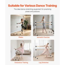 VEVOR Ballet Barre, 6 Ft Double Beechwood Barre Bar for Home, Freestanding Portable Ballet Stretching Dance Bars, Height Adjustable Anti-Wobble Fitness Gym Equipment, for Pilates Balance Workout