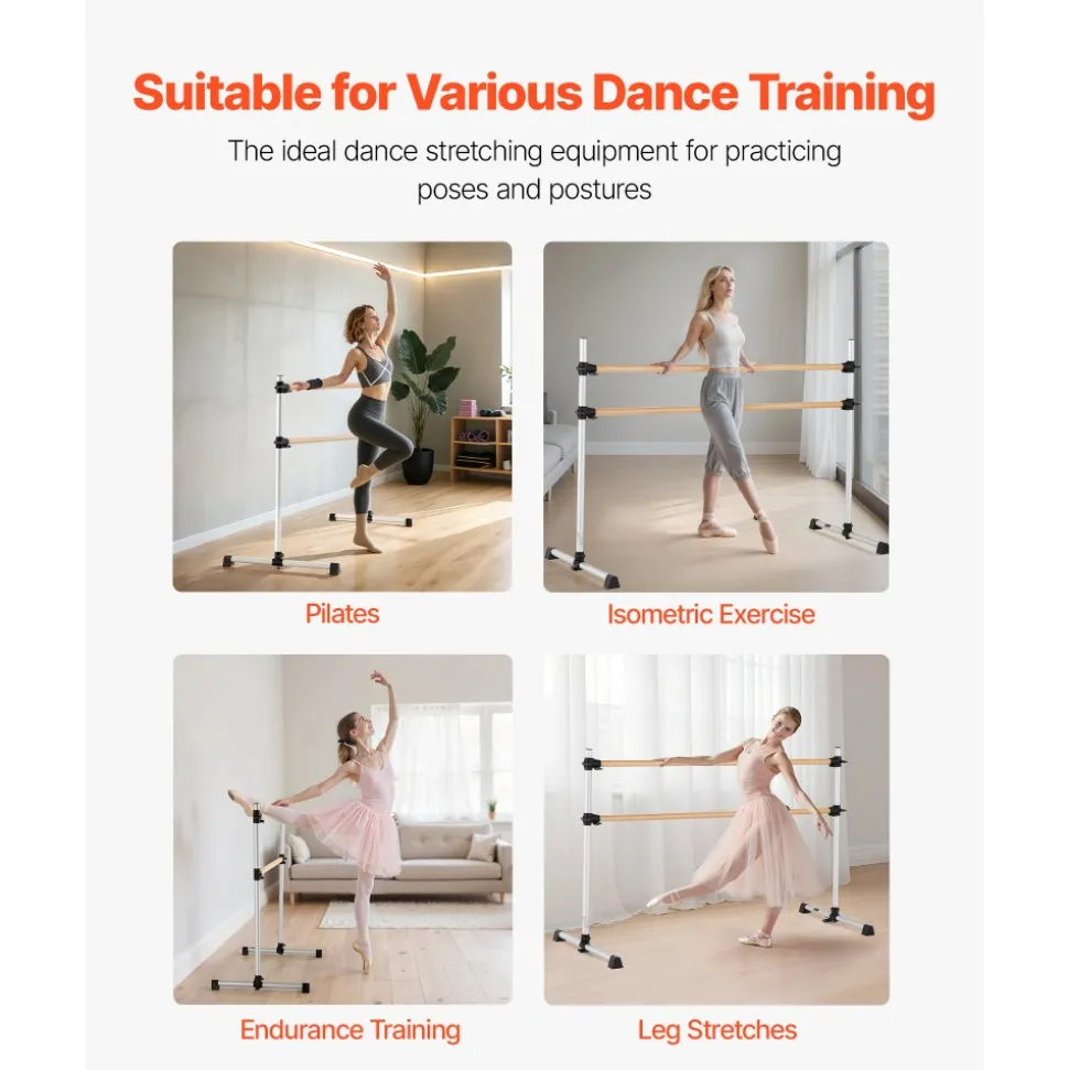 VEVOR Ballet Barre, 6 Ft Double Beechwood Barre Bar for Home, Freestanding Portable Ballet Stretching Dance Bars, Height Adjustable Anti-Wobble Fitness Gym Equipment, for Pilates Balance Workout