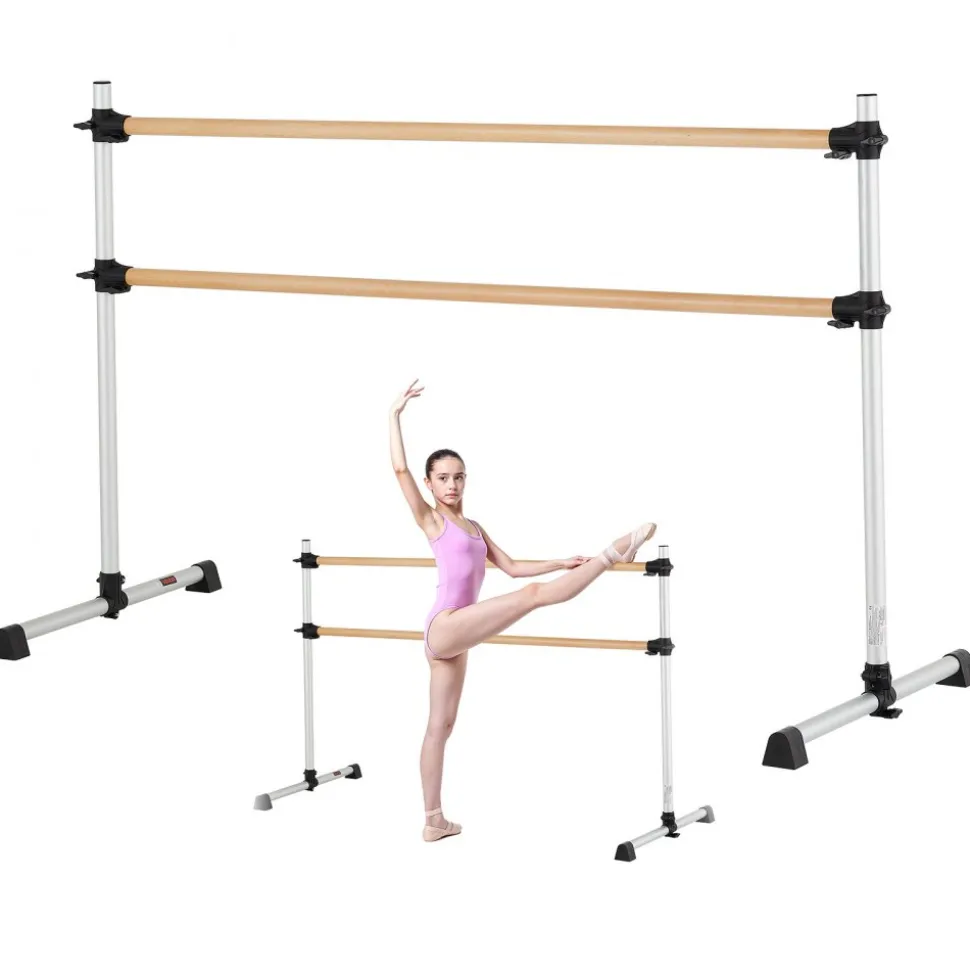 VEVOR Ballet Barre, 6 Ft Double Beechwood Barre Bar for Home, Freestanding Portable Ballet Stretching Dance Bars, Height Adjustable Anti-Wobble Fitness Gym Equipment, for Pilates Balance Workout