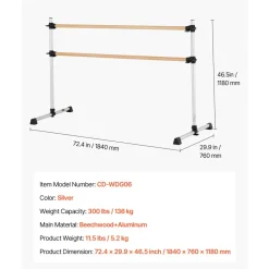 VEVOR Ballet Barre, 6 Ft Double Beechwood Barre Bar for Home, Freestanding Portable Ballet Stretching Dance Bars, Height Adjustable Anti-Wobble Fitness Gym Equipment, for Pilates Balance Workout